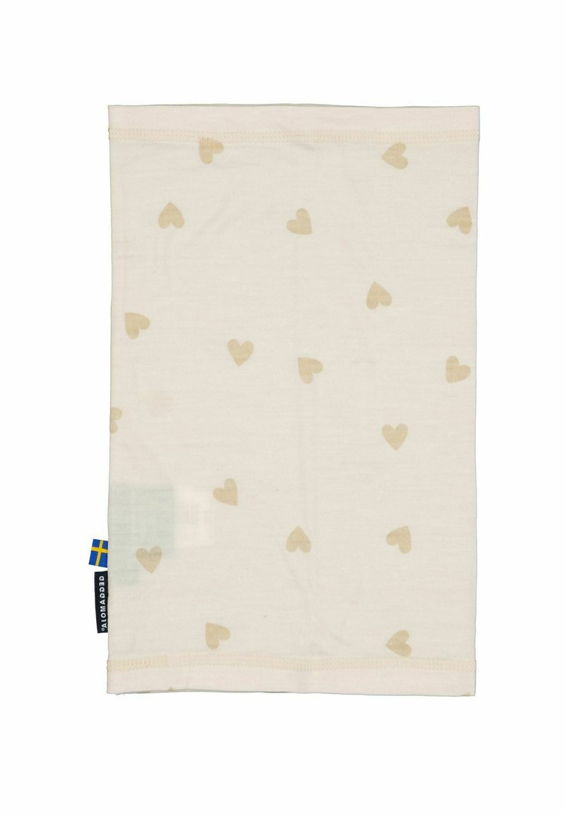 Beige stof med et gentaget mønster af små, lysebrune hjerter. Afsluttede kanter med en sideskilt, der viser et blåt og gult flag.