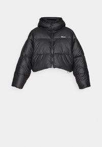 Czarna krótka kurtka puchowa z kapturem, z zapięciem na zamek, pikowaną teksturą i naszywką z logo na przedniej lewej stronie. Gładki, błyszczący materiał.