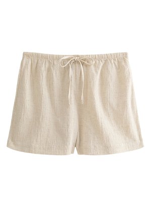 Pantaloncini color beige con texture di lino, vita elastica e coulisse frontale, vestibilità ampia, adatti per un abbigliamento casual.