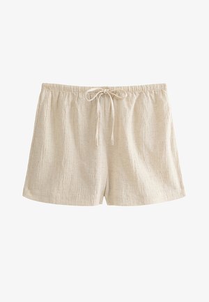 Beige linen-textured shorts with elastic waistband and front drawstring, loose fit, suitable for casual wear.