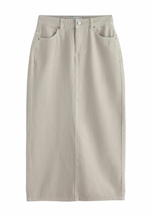 Bézs színű, magas derekú midi szoknya elülső varrásokkal, övbújtatókkal, gombos záródással és két elülső zsebbel.