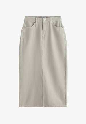 Beiger Midirock mit hoher Taille, vorderen Nähten, Gürtelschlaufen, Knopfverschluss und zwei vorderen Taschen.