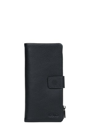 Czarny portfel z teksturowanej skóry z klapką zapinaną na zatrzask i zamkiem błyskawicznym z boku, z tłoczonym logo "esita" w prawym dolnym rogu.