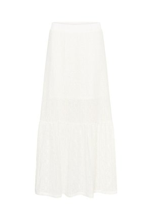 Jupe blanche mi-longue avec motif en maille texturée et ourlet à volant évasé, conçue pour une tenue décontractée ou semi-formelle.