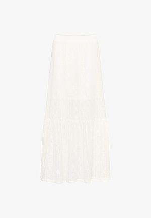 Jupe blanche mi-longue avec motif en maille texturée et ourlet à volant évasé, conçue pour une tenue décontractée ou semi-formelle.