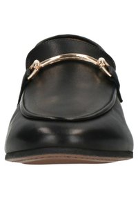 Black leather loafers with a rounded toe, featuring a gold-tone metal accent across the upper. Smooth texture and minimal design details.