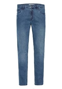Blauwe denim jeans met een klassiek rechte pijpdesign, vijf zakken en een knopenritsluiting. De stof heeft een subtiele textuur.
