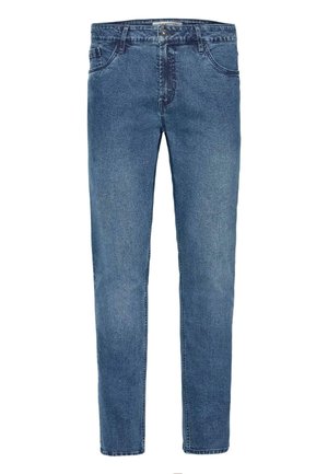 Sinine denim kangas, klassikalise sirge säärega, viie tasku ja nööbiduga sulgemine. Kangas omab peenet tekstuuri.