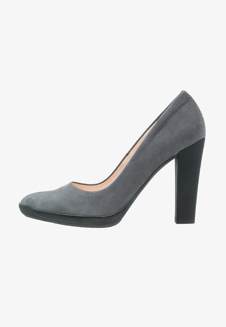 Gray suede high heel shoe with a rounded toe and a chunky black heel, featuring a smooth texture and a minimalistic design.