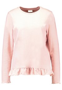 Felpa rosa chiaro a maniche lunghe con collo rotondo, texture liscia e orlo arricciato nella parte inferiore. Etichetta del marchio visibile all'interno del collo.