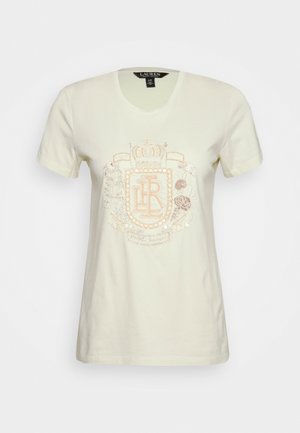 Kurzärmeliges cremefarbenes T-Shirt aus Baumwolle mit einem dekorativen, hellrosa bestickten Wappen mit Pailletten und einem geripp-ten Rundhalsausschnitt.