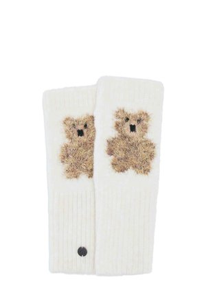 Weiße gestrickte Beinstulpen mit flauschigen braunen Teddybär-Gesichtern und einem kleinen schwarzen runden Knopf auf einer Seite.