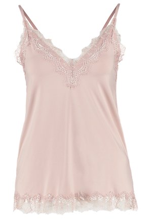 Pink camisole featuring a V-neckline, adjustable straps, and delicate lace trim along the neckline and hem. Smooth fabric texture.