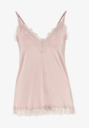 Roosa kampsun, millel on V-kaelus, reguleeritavad rihmad ja peen pitsäär kaeluse ja hemmi ääres. Sile kangastekstuuri.