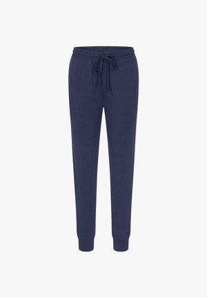 Pantaloni della tuta blu navy con vita regolabile, gambe svasate e polsini alle caviglie. Realizzati in tessuto morbido con una superficie liscia.