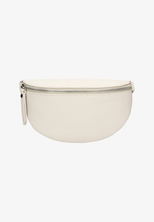 White leather bag with a rounded, half-moon shape; features a top zip closure and a textured surface. Includes a small zip pull.