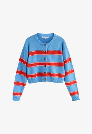 Cardigan albastru scurtat cu dungi orizontale roșii și albe, decolteu rotund, mâneci lungi și cinci nasturi maro în față.
