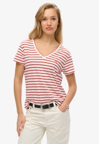 Superdry & Co EMBROIDERED V NECK  - Camiseta básica - varsity red optic stripe