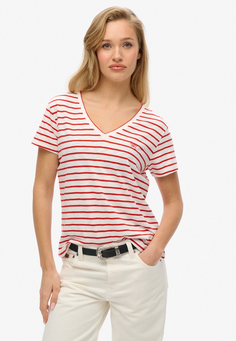 Superdry & Co EMBROIDERED V NECK  - Camiseta básica - varsity red optic stripe