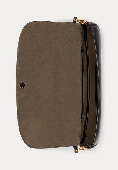 Black leather crossbody bag with flap open, showing brown suede interior and gold-tone metal clasps on strap attachments.