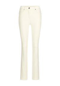 Off-white slim-fit jeans met knoop- en ritsluiting, voorzakken en riemlussen, weergegeven op een witte achtergrond.