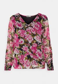 Blusa trasparente a maniche lunghe con scollatura a V, caratterizzata da un motivo floreale in rosa e verde su uno sfondo nero. Tessuto leggero e fluido.