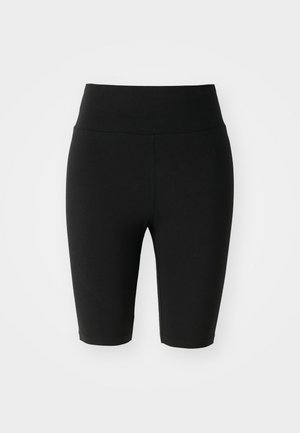 Fekete kerékpáros rövidnadrág rugalmas anyagból, magas derékkal és varrásmentes kialakítással. Hossza éppen a térd felett ér véget.