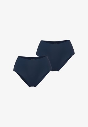 Culottes taille haute bleu marine, texture lisse, ceinture élastique, design minimaliste, avec un détail subtil de logo doré. Deux paires présentées.