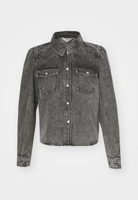 Zwart denim jack met een kraag, voorzakken en knoopsluiting. Beschikt over een cropped ontwerp en zichtbare stikseldetails.