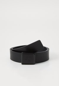 Black leather belt with a smooth texture, featuring a square metal buckle with an embossed logo. Classic design with a sleek finish.