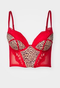 Reggiseno rosso in pizzo con pannelli in stampa leopardata, tessuto in rete, supporto con ferretto, spalline regolabili e bordi decorativi in pizzo.