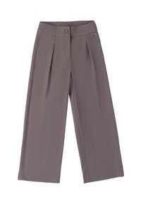 Pantaloni grigi a gamba larga con una texture liscia, caratterizzati da una chiusura frontale con bottone e due pieghe laterali per un tocco di dettaglio.