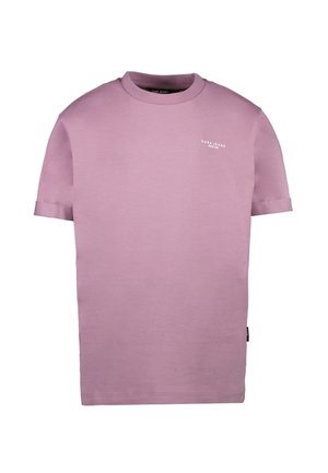 T-shirt en coton violet à manches courtes, avec un col rond et un petit logo sur la poitrine. Texture lisse avec une coupe décontractée.