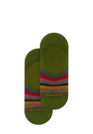 Grüne Baumwollsocken mit mehrfarbigen horizontalen Streifen (rot, blau, braun, gelb) und einem kreisförmigen Cut-Design. "GALLO"-Logo an der Spitze.