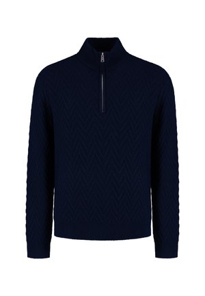 Tumedat sinise värvi kudum, millel on kõrge kaelus ja neljandiku pikkusega tõmblukk, millel on tekstuuriga chevron mustriga ja ribakujulised mansetid ning ääred.