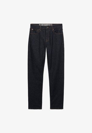 Ciemnoniebieskie jeansy denimowe o prostych nogawkach, z zapięciem na guzik i suwak z przodu oraz pięciokieszeniowym designem z widocznymi przeszyciami.