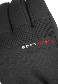 Black softshell gloves with textured fabric, highlighting the "SOFTSHELL" logo in white and red. Stitched accents on the cuffs.