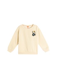 Lichtbeige sweatshirt met een ronde hals, lange mouwen, ribbelmanchetten en geborduurde cartoonaccenten op de voorkant. Soepele textuur.