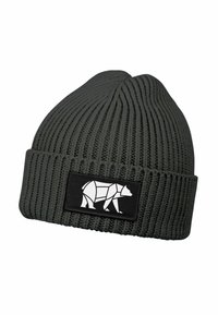 Dark gray ribbed knit beanie with folded cuff featuring a black patch displaying a white geometric bear design.