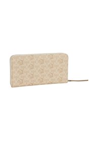 Portafoglio beige con un motivo strutturato, chiusura zip e un sottile cinturino da polso. Realizzato in pelle o materiale sintetico con una finitura liscia.