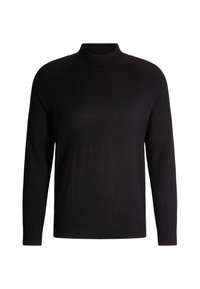 Maglione nero con un alto colletto a coste, maniche lunghe e una texture liscia. Presenta un design classico con coste ai polsini e all'orlo.