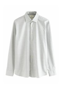 Light gray long-sleeve shirt with a subtle checkered texture. Features a buttoned front, classic collar, and rounded hemline.