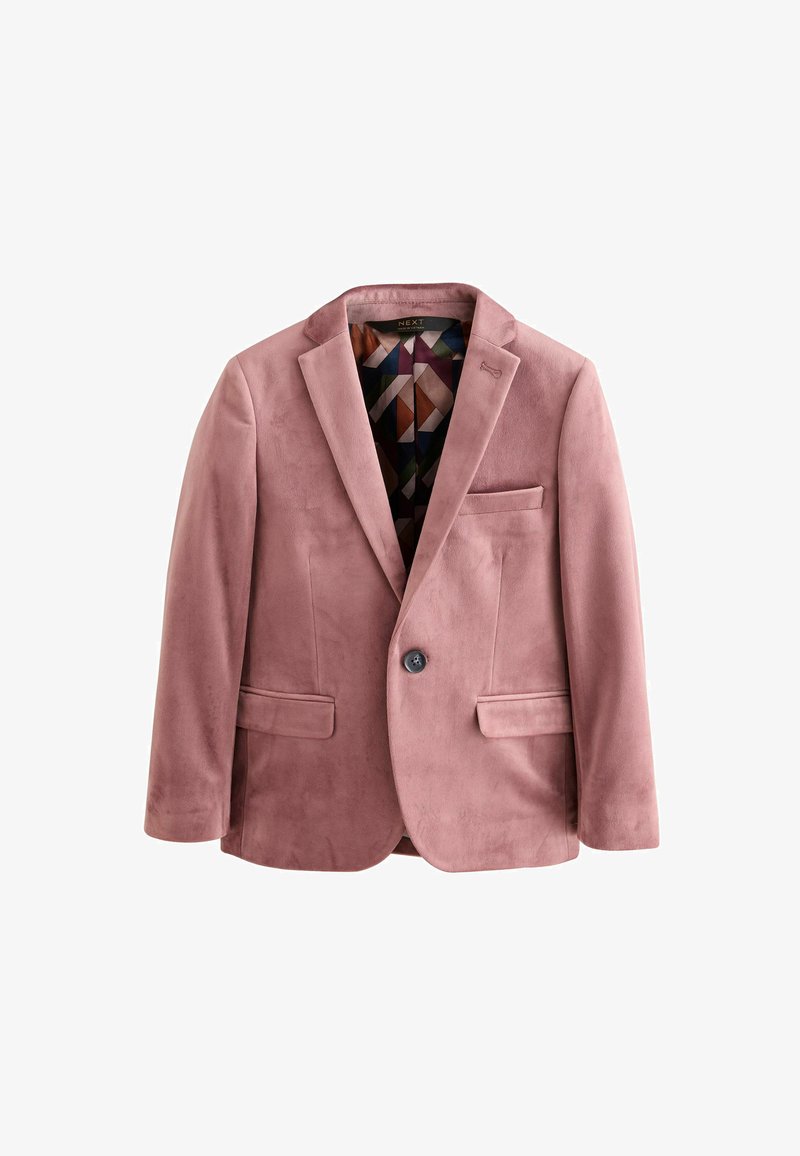 Single-button dusty pink velvet blazer with notched lapels and patterned geometric interior lining, showing front pockets and chest pocket.