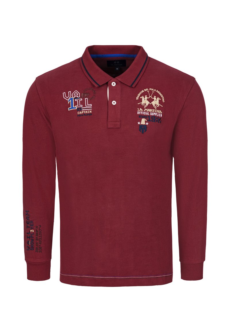 Polo in cotone bordeaux a maniche lunghe con colletto, caratterizzata da grafiche ricamate, cuciture a contrasto e dettaglio testo sulla manica.