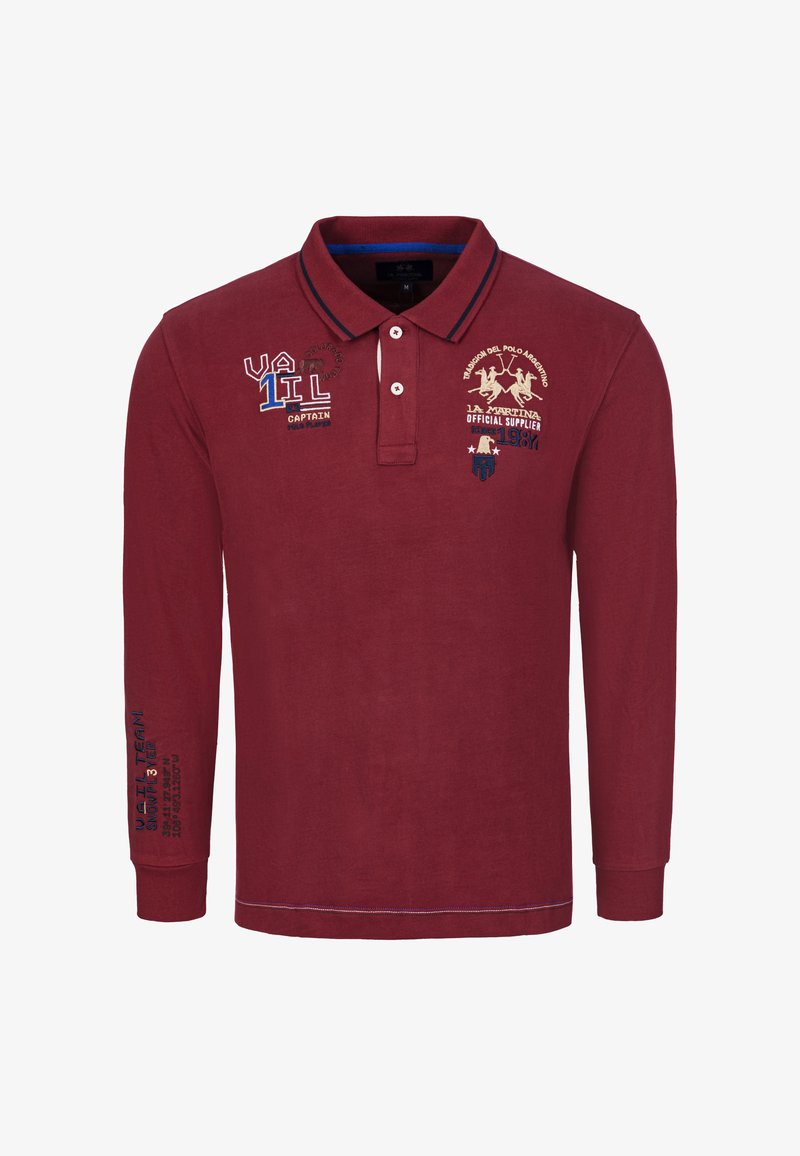 Polo in cotone bordeaux a maniche lunghe con colletto, caratterizzata da grafiche ricamate, cuciture a contrasto e dettaglio testo sulla manica.