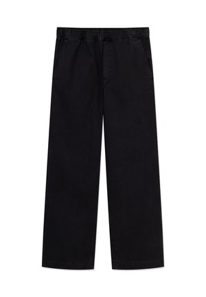 Pantalones negros de pierna ancha con una cintura elástica, dos bolsillos laterales y una textura suave, confeccionados con una resistente tela de mezcla de algodón.