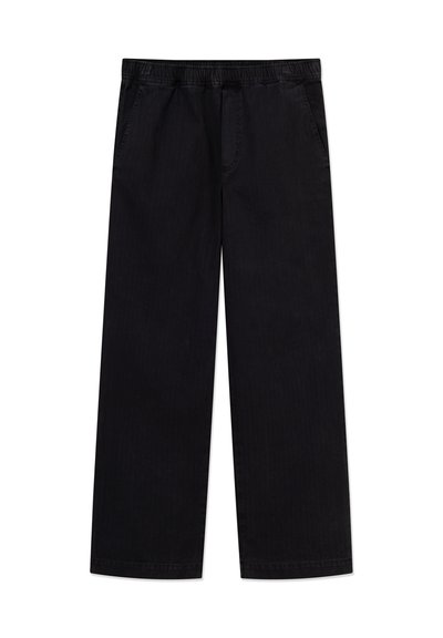 Pantalon large noir à taille élastique, avec deux poches latérales et une texture lisse, fabriqué en tissu mélange de coton durable.