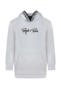 Sweatshirt à capuche blanc avec le logo noir "Project x Paris", poche kangourou et cordon de serrage à motif contrasté au niveau de la capuche.