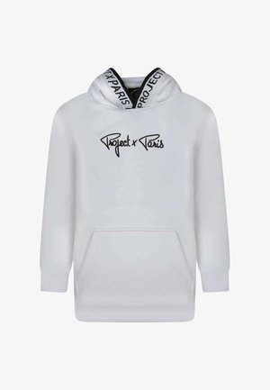 Sweatshirt à capuche blanc avec le logo noir "Project x Paris", poche kangourou et cordon de serrage à motif contrasté au niveau de la capuche.