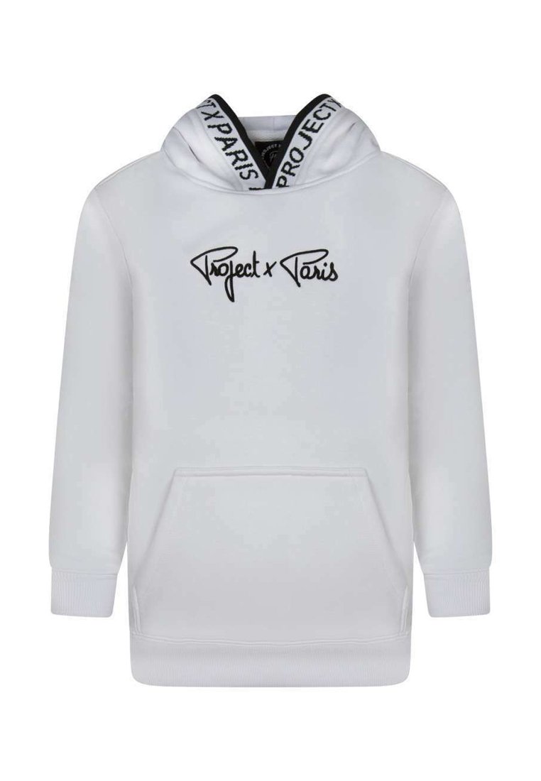 Sweatshirt à capuche blanc avec le logo noir "Project x Paris", poche kangourou et cordon de serrage à motif contrasté au niveau de la capuche.
